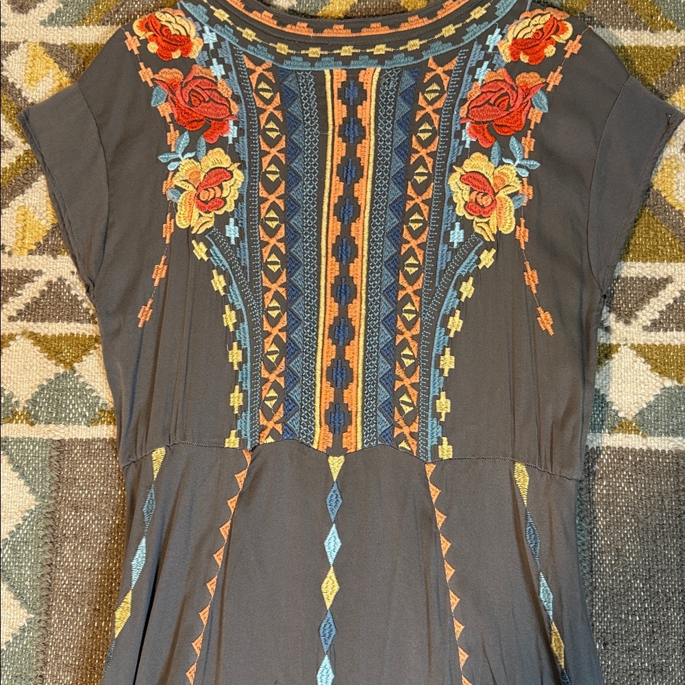 Johnny Was Gray Maxi Dress with Orange, Yellow & Light Blue Embroidery - Picture 5 of 7